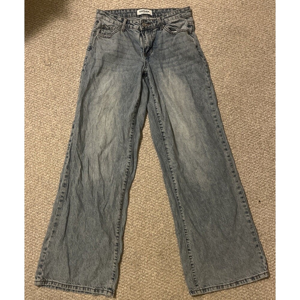 RSQ Women's Light Blue Denim Low Rise Wide-Leg Jeans Light Wash Button Zip 27x30